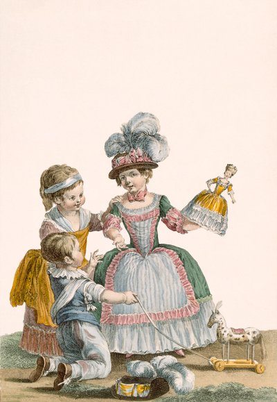 Niños jugando, grabado por Patas, lámina de Galeries des Modes et Costumes Francais, c.1778-87 de Pierre Thomas Le Clerc